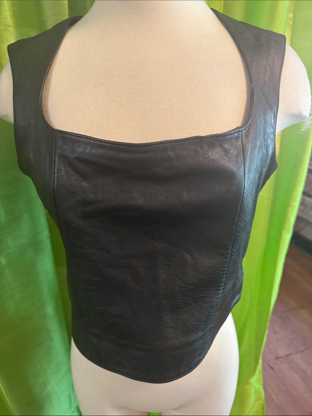 Black Leather Square-Neck Crop Top